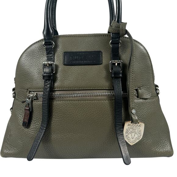 RUDSAK Genuine Leather Pebbled Moss Green Black Top Handle Satchel Shoulder Bag - Picture 2 of 16
